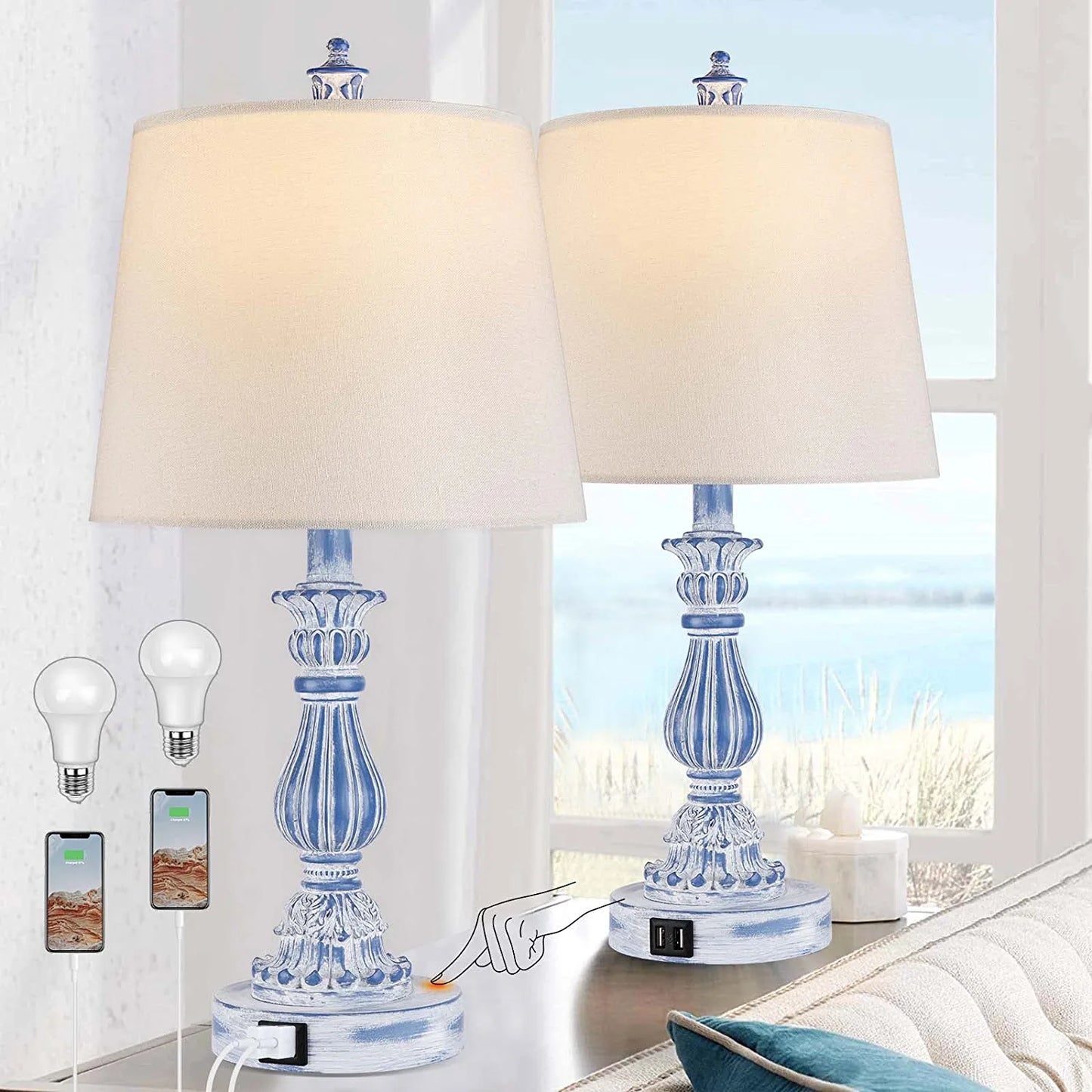 Coastal 3 Way Dimmable Touch Table Lamp for Bedrooms Set of 2 Farmhouse Bedside Lamp for Living Rooms Blue Washed Nightstand Lamp with 2 USB Charging Ports,2 Bulbs Included