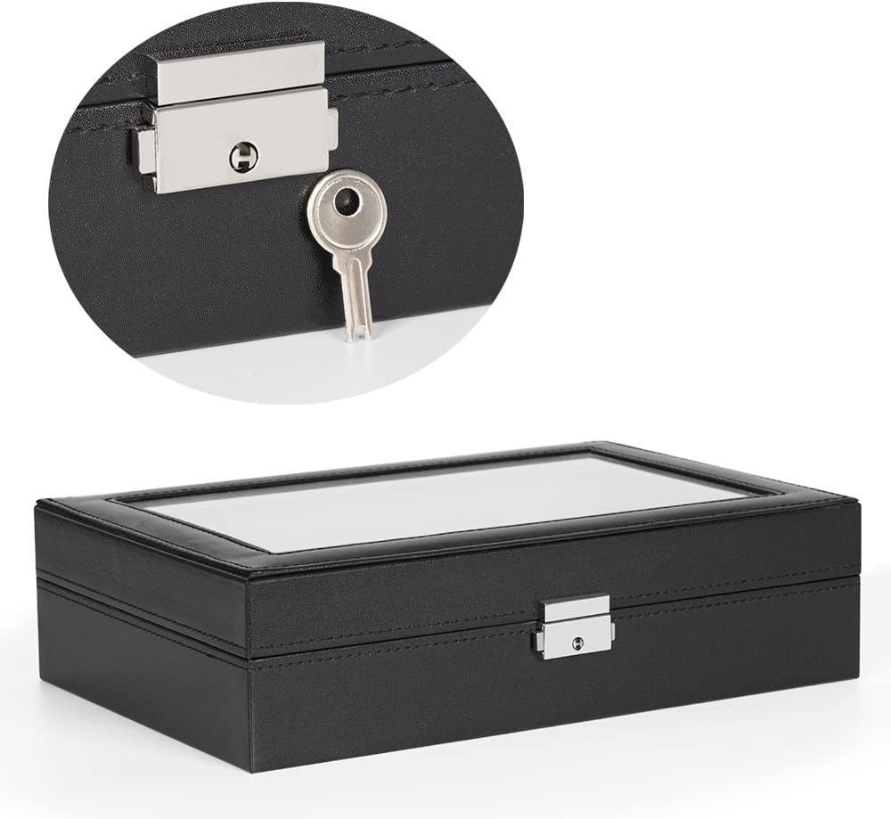 Watch Box, 8 Slots Lockable Leather Watch Case Organizer with Ring Storage for Women Men, Black