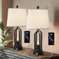 22" Industrial Table Lamp Set of 2, Farmhouse Table Lamp with 2 USB Ports Bedside Lamp with 2 LED Nightlight Blubs, Rustic Nightstand Lamp for Living Room Bedroom Reading Study Office (Black)