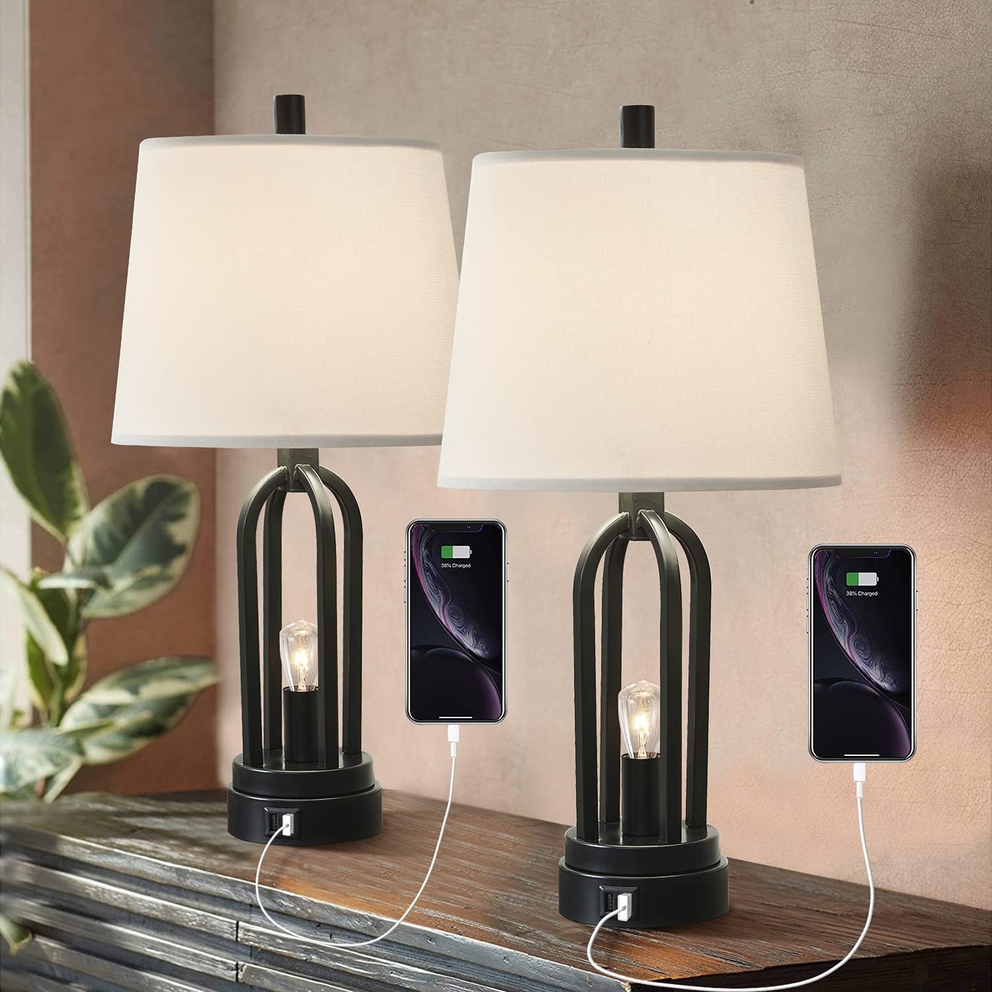 22" Industrial Table Lamp Set of 2, Farmhouse Table Lamp with 2 USB Ports Bedside Lamp with 2 LED Nightlight Blubs, Rustic Nightstand Lamp for Living Room Bedroom Reading Study Office (Black)