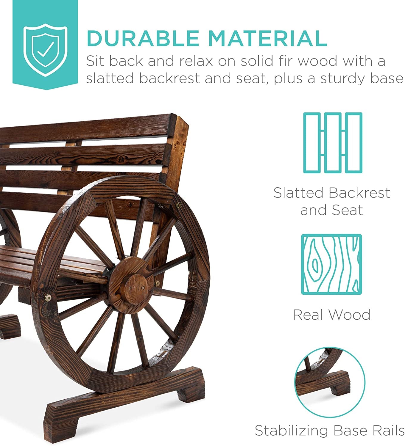 2-Person Wooden Wagon Wheel Bench for Backyard, Patio, Porch, Garden, Outdoor Lounge Furniture W/Rustic Country Design, Slatted Seat and Backrest - Brown