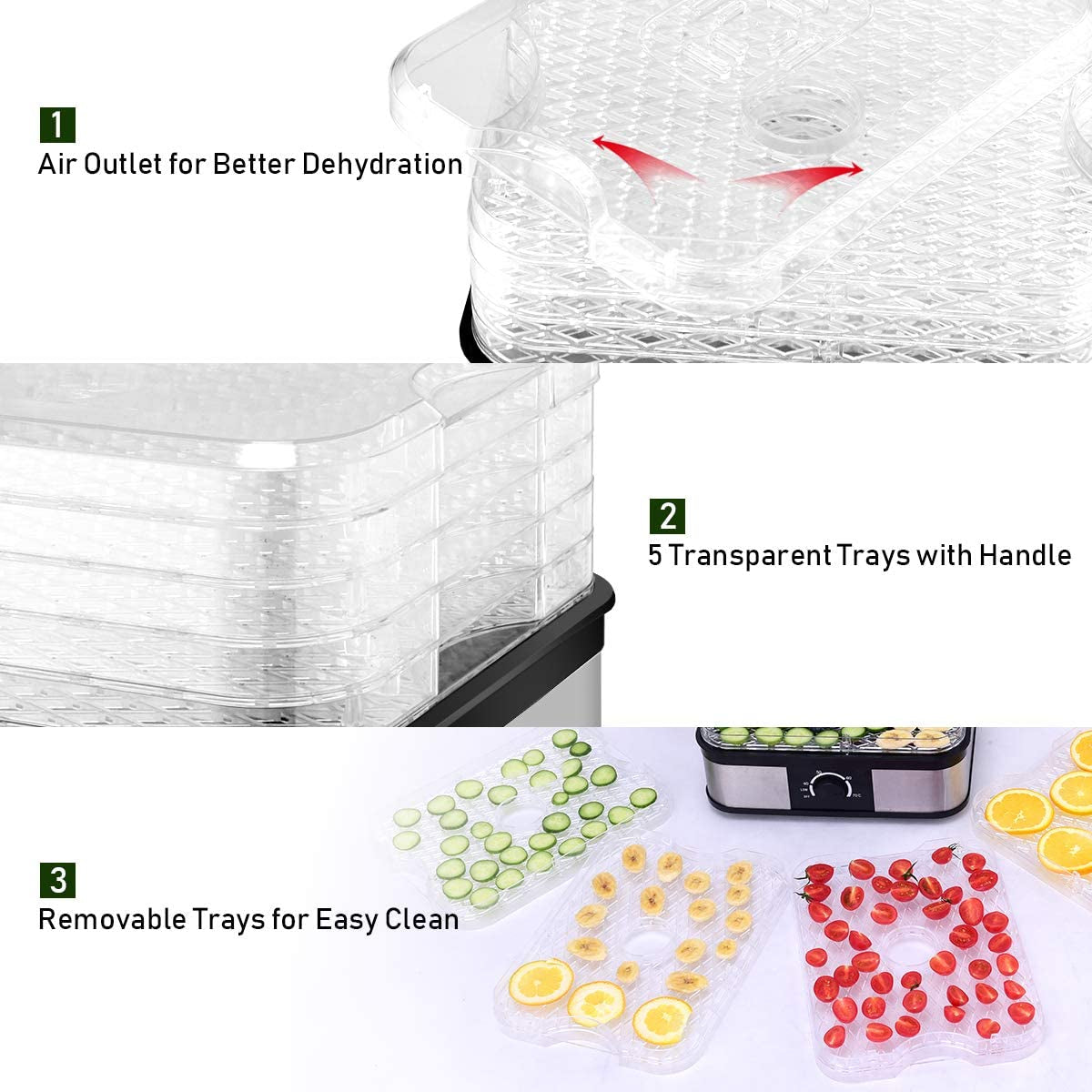 Food Dehydrator, Electric 5-Tire Fruit Vegetable Dryer with Adjustable Temperature Control from 104?-158?, 5 Stackable Drying Trays (Knob Adjustment)