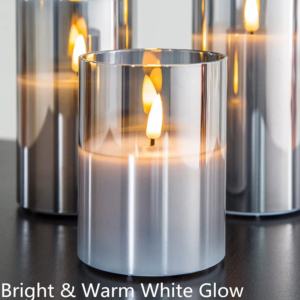 Glass Flameless Candles with Remote Battery Operated Flickering LED Pillar Candles Real Wax Wick 3 Pack D 3" H 4" 5" 6" Grey