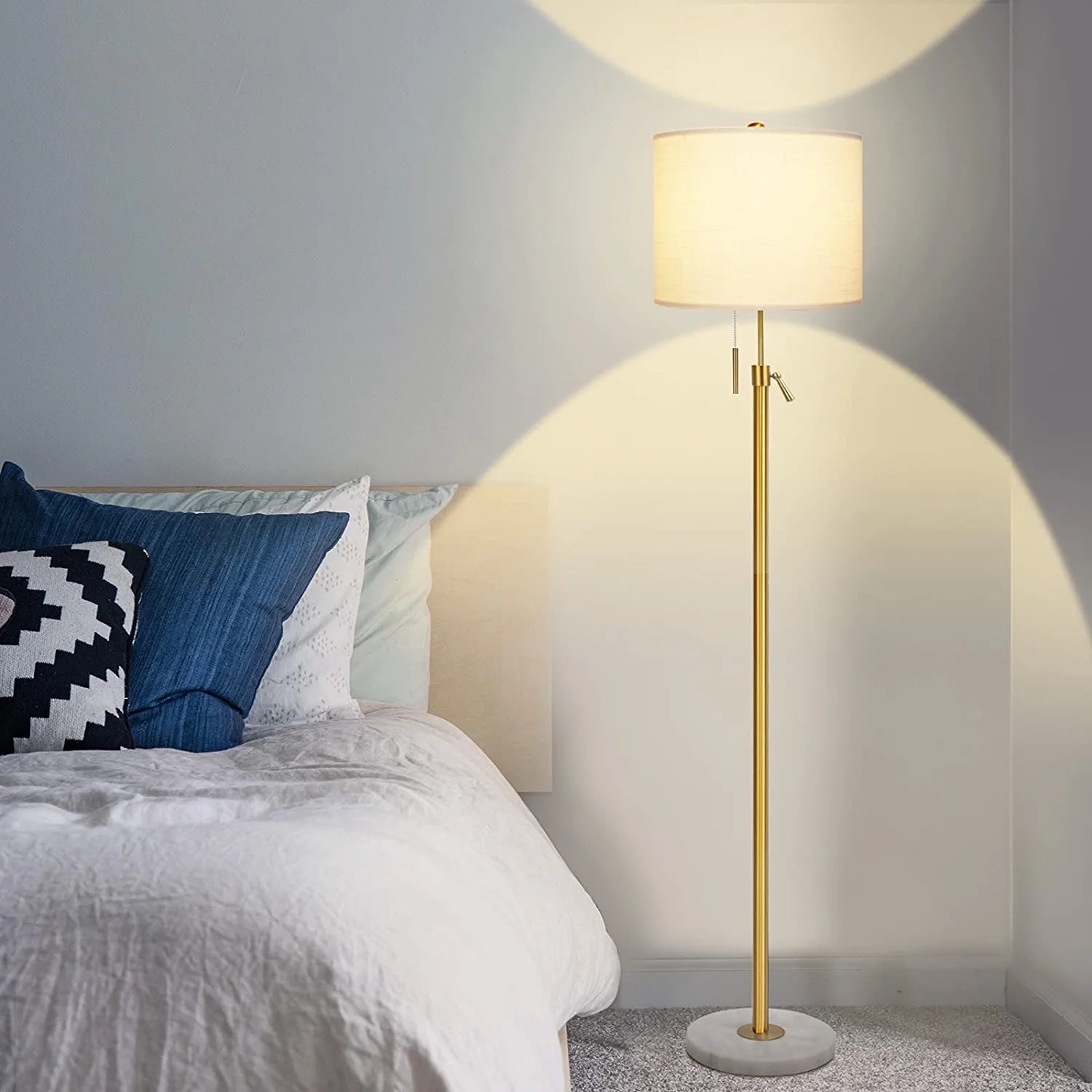 Modern Floor Lamp for Living Room, Adjustable Height Standing Lamp with Marble Base,3-Way Dimmable Gold Brass Tall Pole Light with White Linen Shade for Reading,Bedroom,Pull Chain Switch,Bulb Included