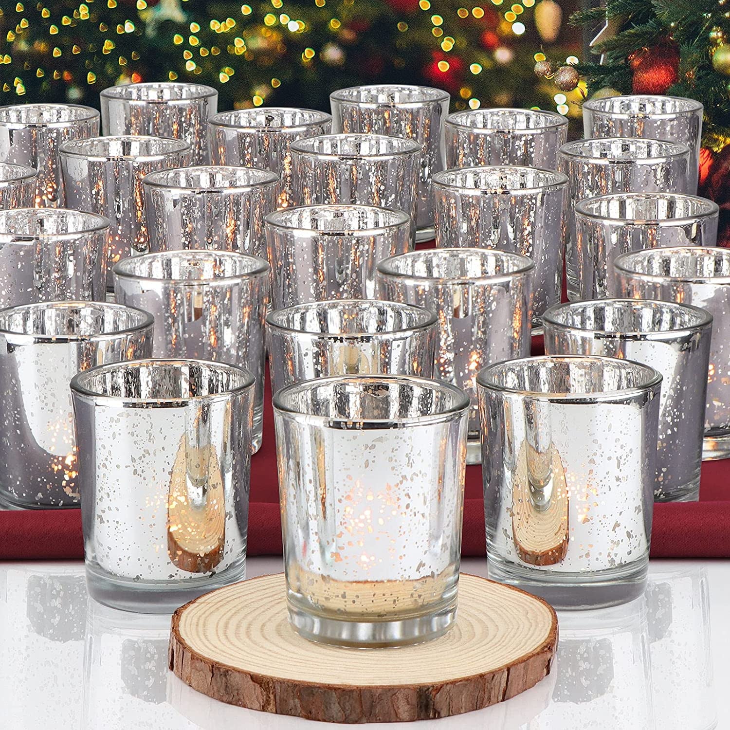 Silver Votive Candle Holders 24Pcs, Tealight Candle Holders for Table Centerpieces, Mercury Glass Candle Holder for Wedding Decorations, Anniversary Birthday Party Table Decorations