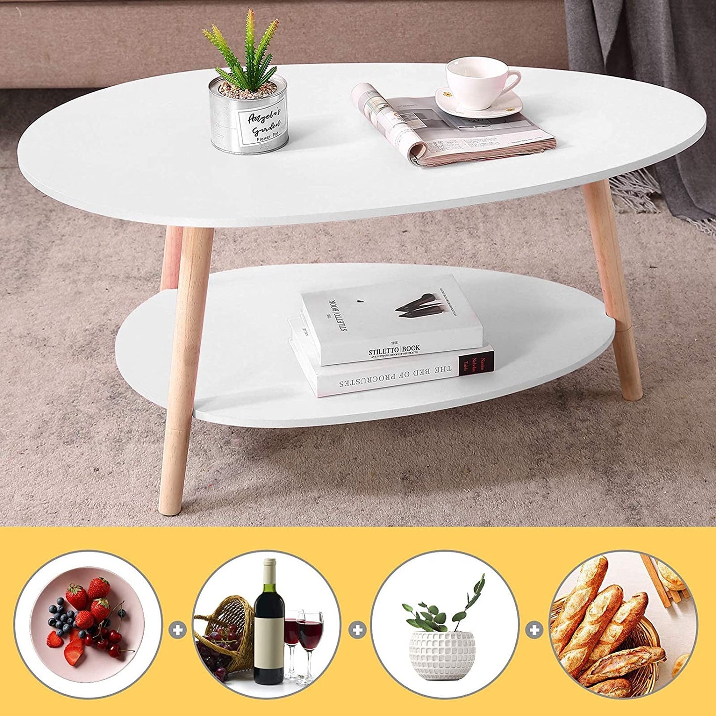 Coffee Table-Oval Wood Coffee Table with Open Shelving for Storage and Display 2 Tier Sofa Table, Small Modern Furniture for Living Room&Home Office-White
