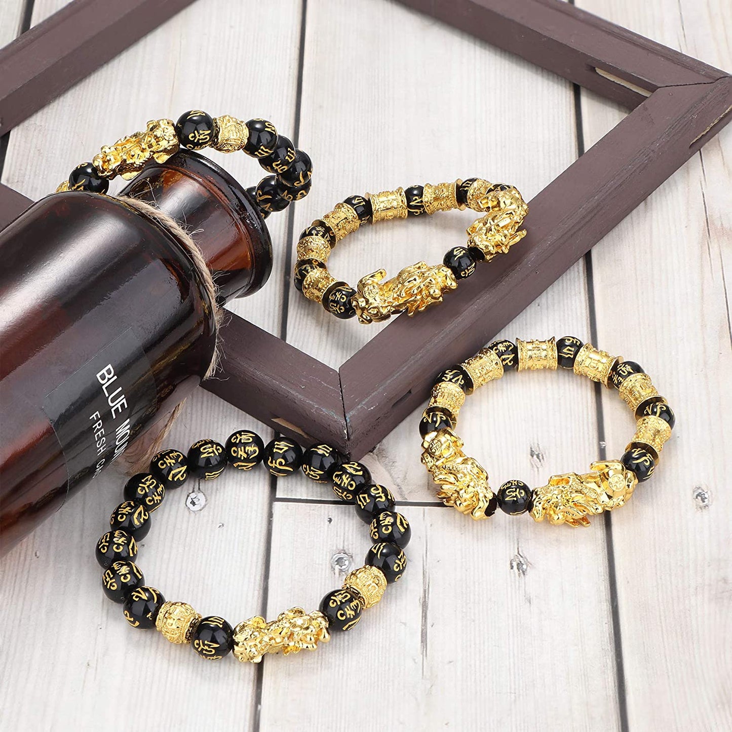 4 Pcs Feng Shui Black Obsidian Wealth Bracelet for Men Women Good Luck Charms Bead Bracelets Attract Wealth Money Adjustable Mens Pixiu Bracelet Set