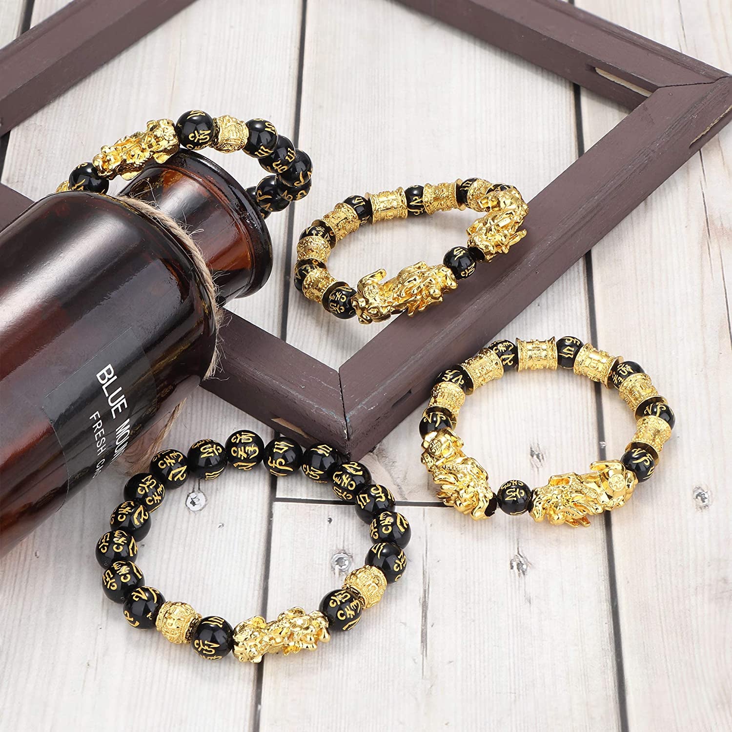 4 Pcs Feng Shui Black Obsidian Wealth Bracelet for Men Women Good Luck Charms Bead Bracelets Attract Wealth Money Adjustable Mens Pixiu Bracelet Set