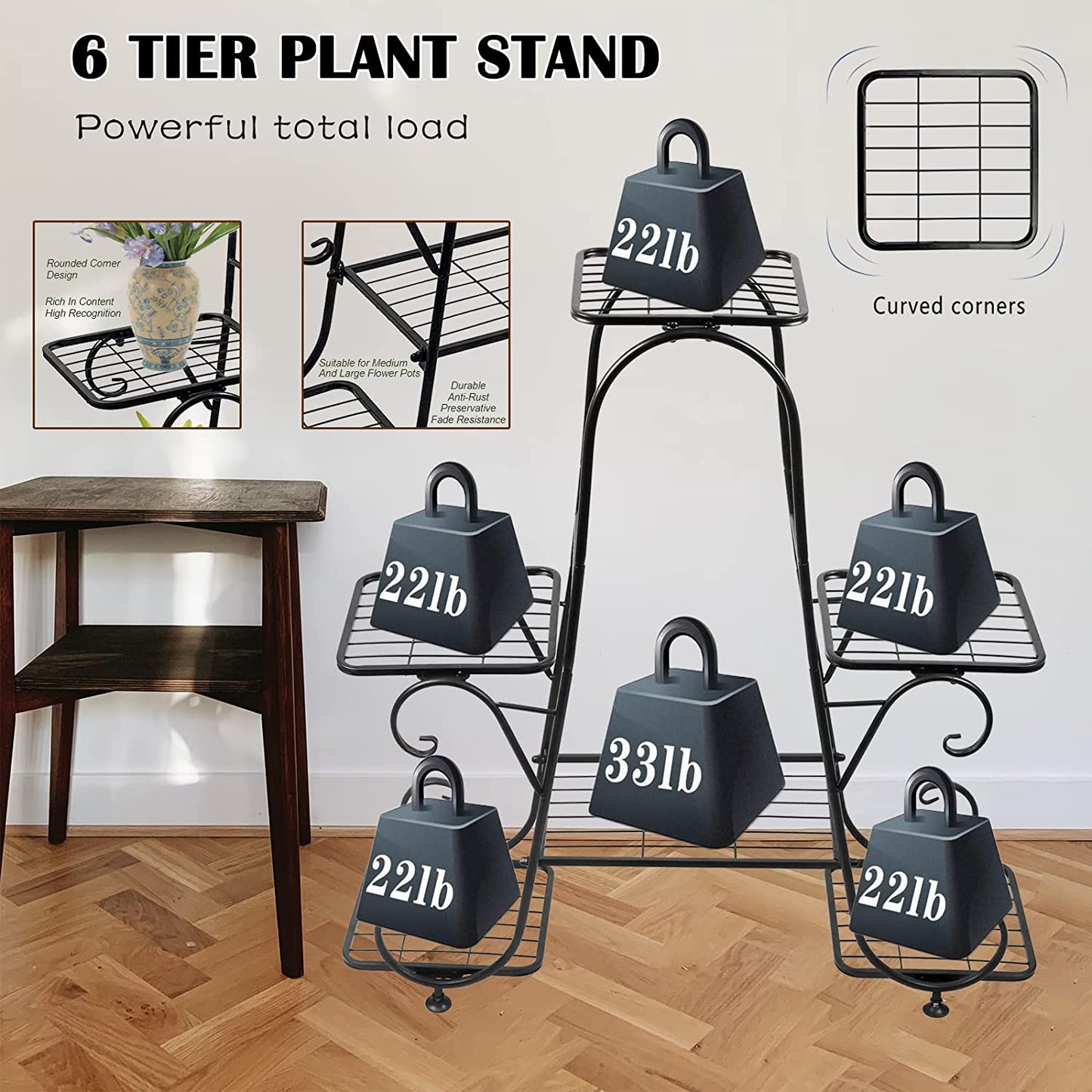 Metal Plant Stand Indoor Outdoor Multiple 6 Tier Tall Corner Flower Pot Holder Stands Shelf Rack Wrought Iron Tiered Planter Shelves for Patio, Living Room, Garden, Balcony, Black