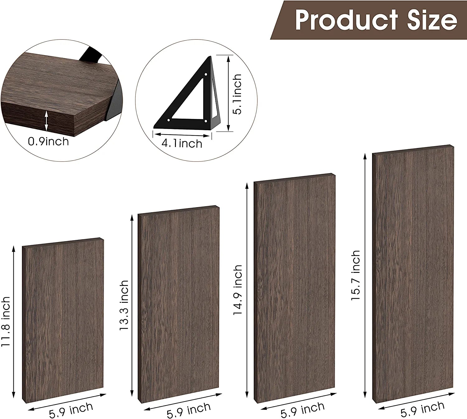 Floating Shelves Wall Mounted Set of 4, Rustic Wood Wall Shelves, Storage Shelves for Bedroom, Living Room, Bathroom, Kitchen, Office and More, Brown