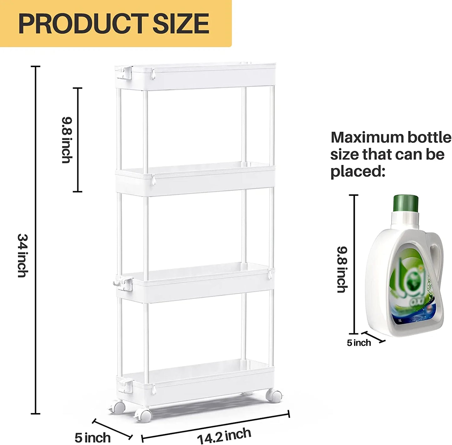 Slim Rolling Storage Cart 4 Tier Bathroom Organizer Mobile Shelving Unit Storage Rolling Utility Cart Tower Rack for Kitchen Bathroom Laundry Narrow Places, White
