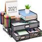 3 Tier Mesh Desk Organizer with Drawer, Multi-Functional Desk Organizers and Accessories, Paper Letter Organizer with 2 Pen Holder for Home Office Supplies - Black
