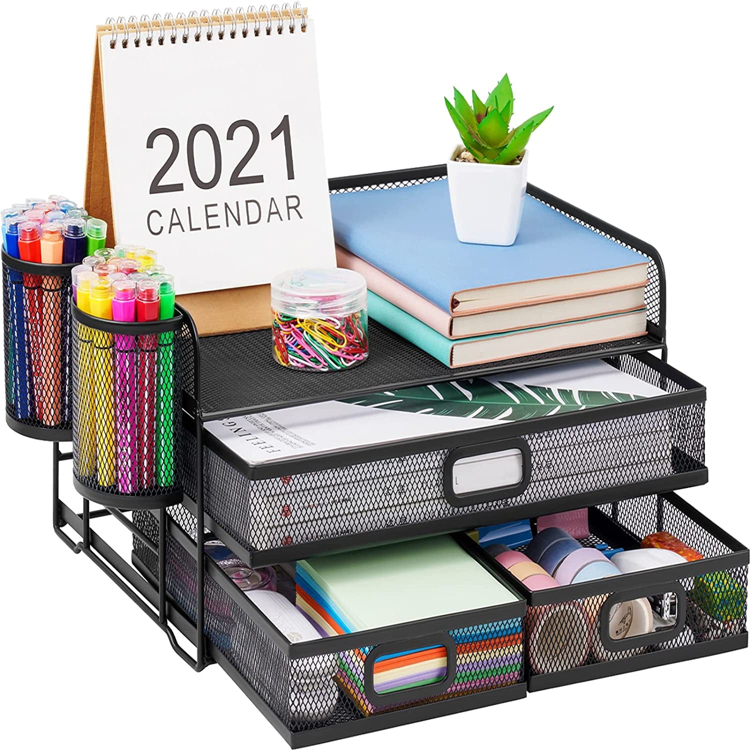 3 Tier Mesh Desk Organizer with Drawer, Multi-Functional Desk Organizers and Accessories, Paper Letter Organizer with 2 Pen Holder for Home Office Supplies - Black