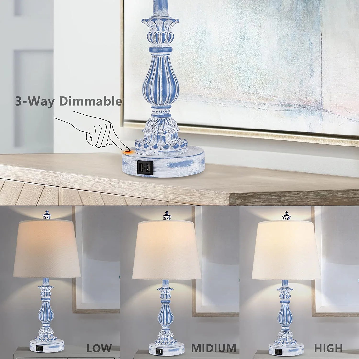 Coastal 3 Way Dimmable Touch Table Lamp for Bedrooms Set of 2 Farmhouse Bedside Lamp for Living Rooms Blue Washed Nightstand Lamp with 2 USB Charging Ports,2 Bulbs Included