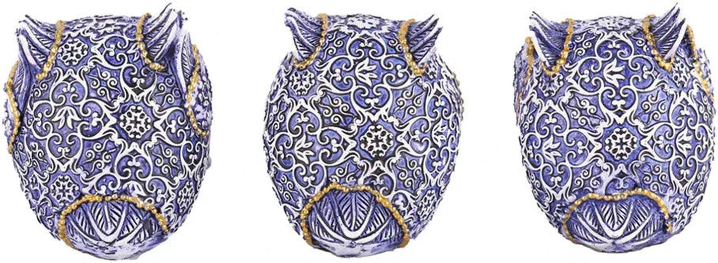 Owl Figurine with See No Evil,Hear No Evil,Speak No Evil,Adorable Decoration for Home Office Set of 3,Purple