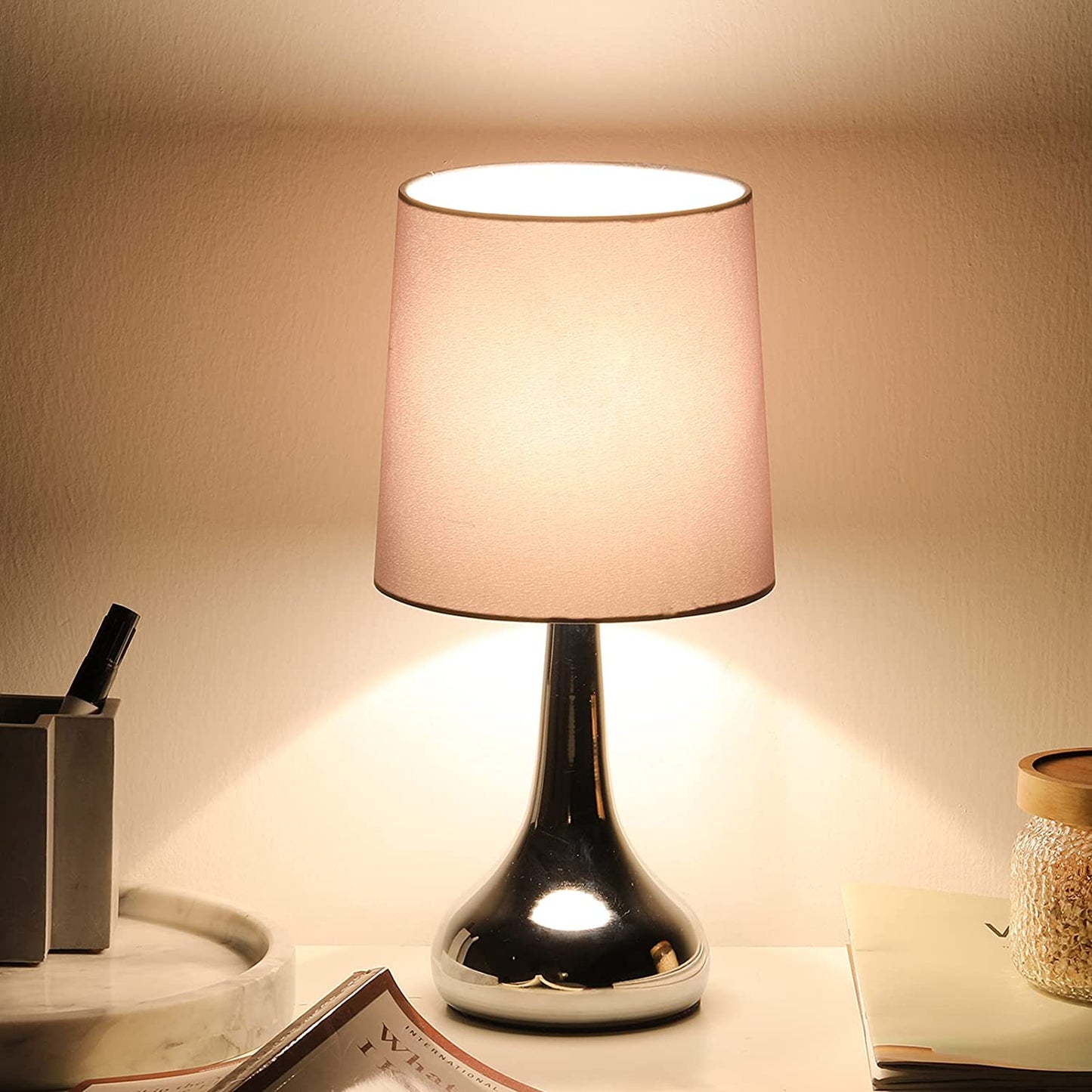 Touch Bedside Table Lamps Set of 2, Bedroom Nightstand Lamps, 3-Way Dimmable Touch Desk Lamps with Lampshade for Bedroom, Living Room and Office (Included E12 Bulb)