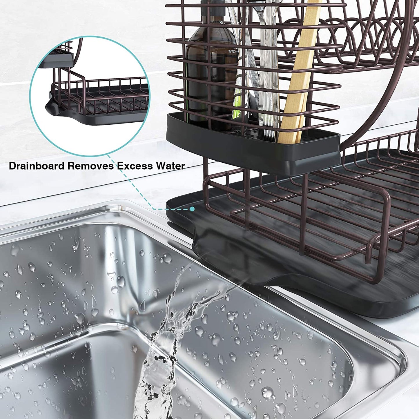 Dish Drying Rack with Drainboard for Kitchen Counter, Bronze 2 Tier Dish Rack with Utensil Holder, Multifunction Dishes Drainer with Drainage, Double Tier Plate Drying Rack with Tray