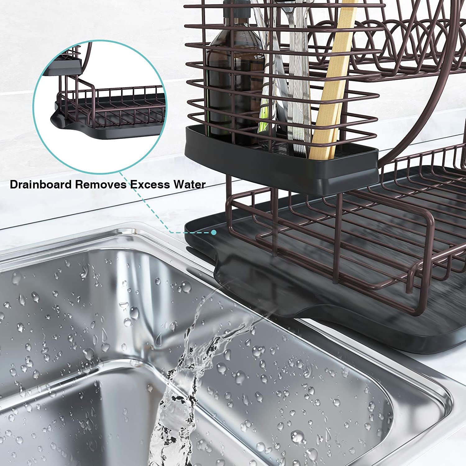 Dish Drying Rack with Drainboard for Kitchen Counter, Bronze 2 Tier Dish Rack with Utensil Holder, Multifunction Dishes Drainer with Drainage, Double Tier Plate Drying Rack with Tray
