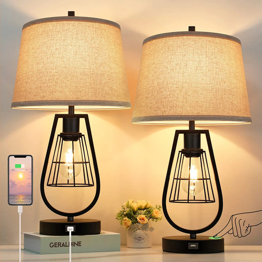 Set of 2 Industrial Touch Control Table Lamps with USB Port, 3-Way Dimmable Farmhouse Bedside Nightstand 2-Lights Lamps for Bedroom Living Room Reading, Cream Fabric , Black Metal Base, Bulbs Included