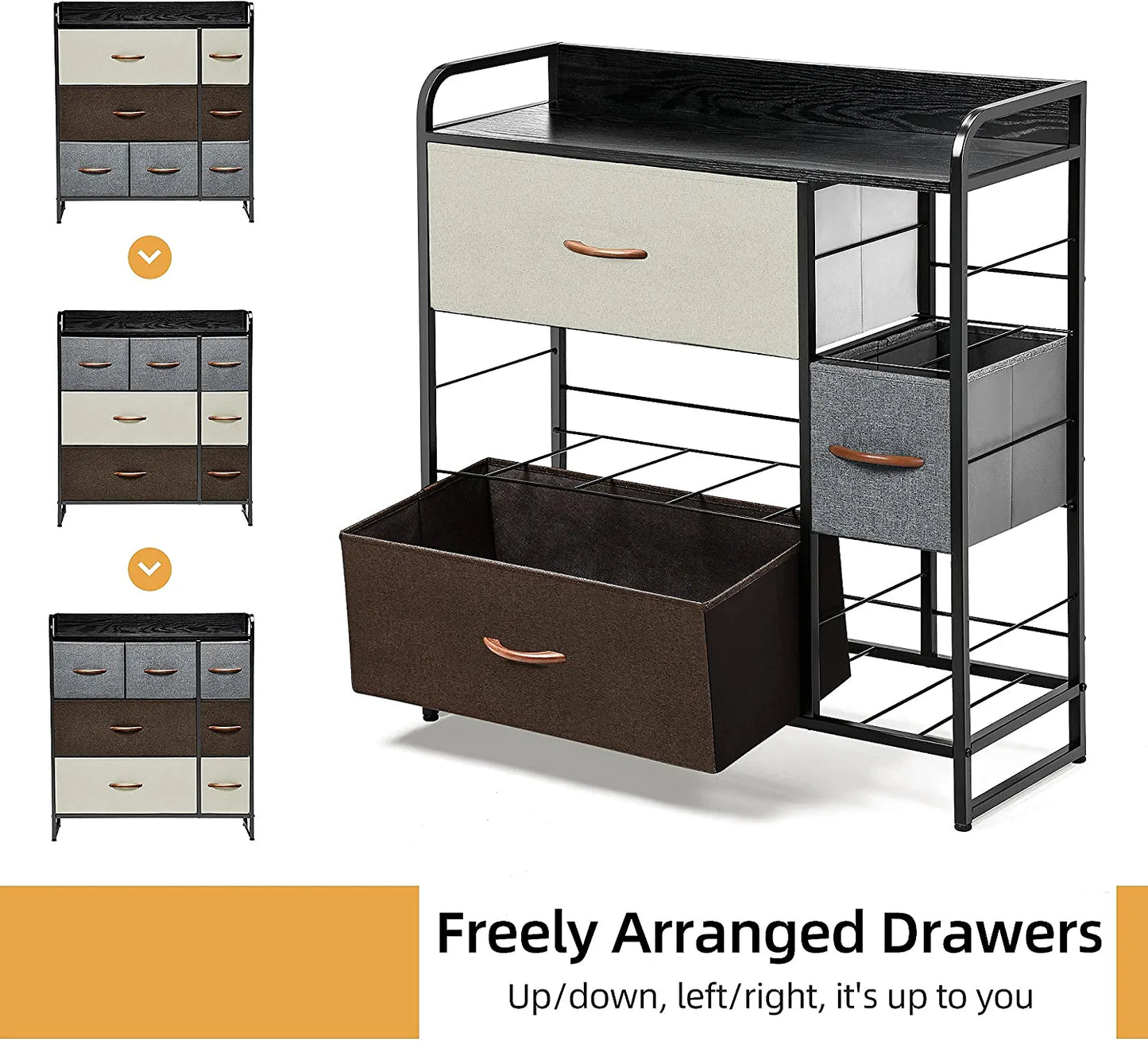 Dresser with 7 Drawers, Tall Dresser with Wood Top, 3-Tier Dresser Changeable Fabric Dresser Organizer Unit for Bedroom/Living Room/Closets，Multicolor