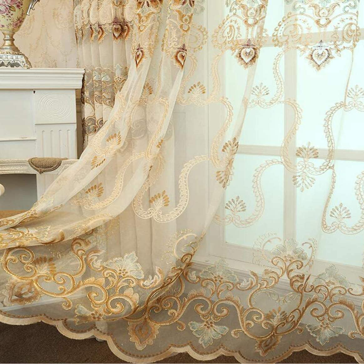 European Luxury Sheer Curtains 84 Inches Long for Bedroom Floral Embroidered Semi Sheer Voile Curtain Panels Window Drapery Curtain Tulle for Patio Door Rod Pocket 1 Panel W52 X H84 Inch