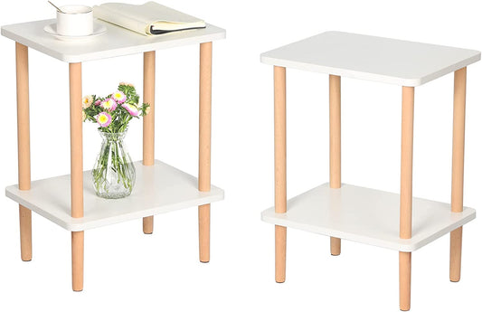 Side Tables Set of 2, Tall End Tables with Storage Rack, Wooden Nightstands Bedside Tables for Living Room Bedroom Office No-Tool Assembly (White).