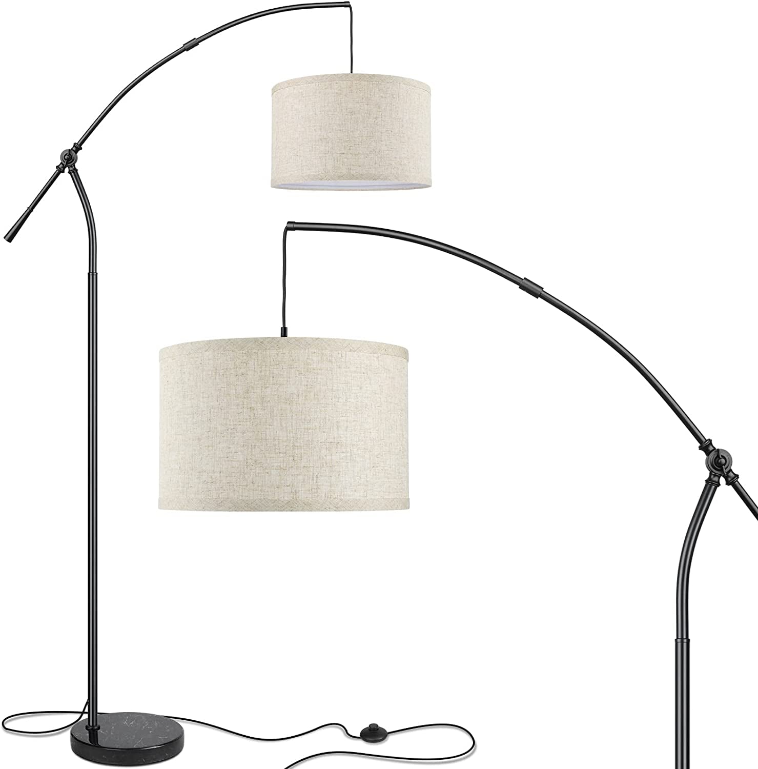 Modern Floor Lamp for Living Room Contemporary Arc Lamp behind the Couch Tall Standing Reading Lamp with Hanging Shade & Foot Switch Adjustable Arm for Bedroom Office Industrial Style Lighting Black