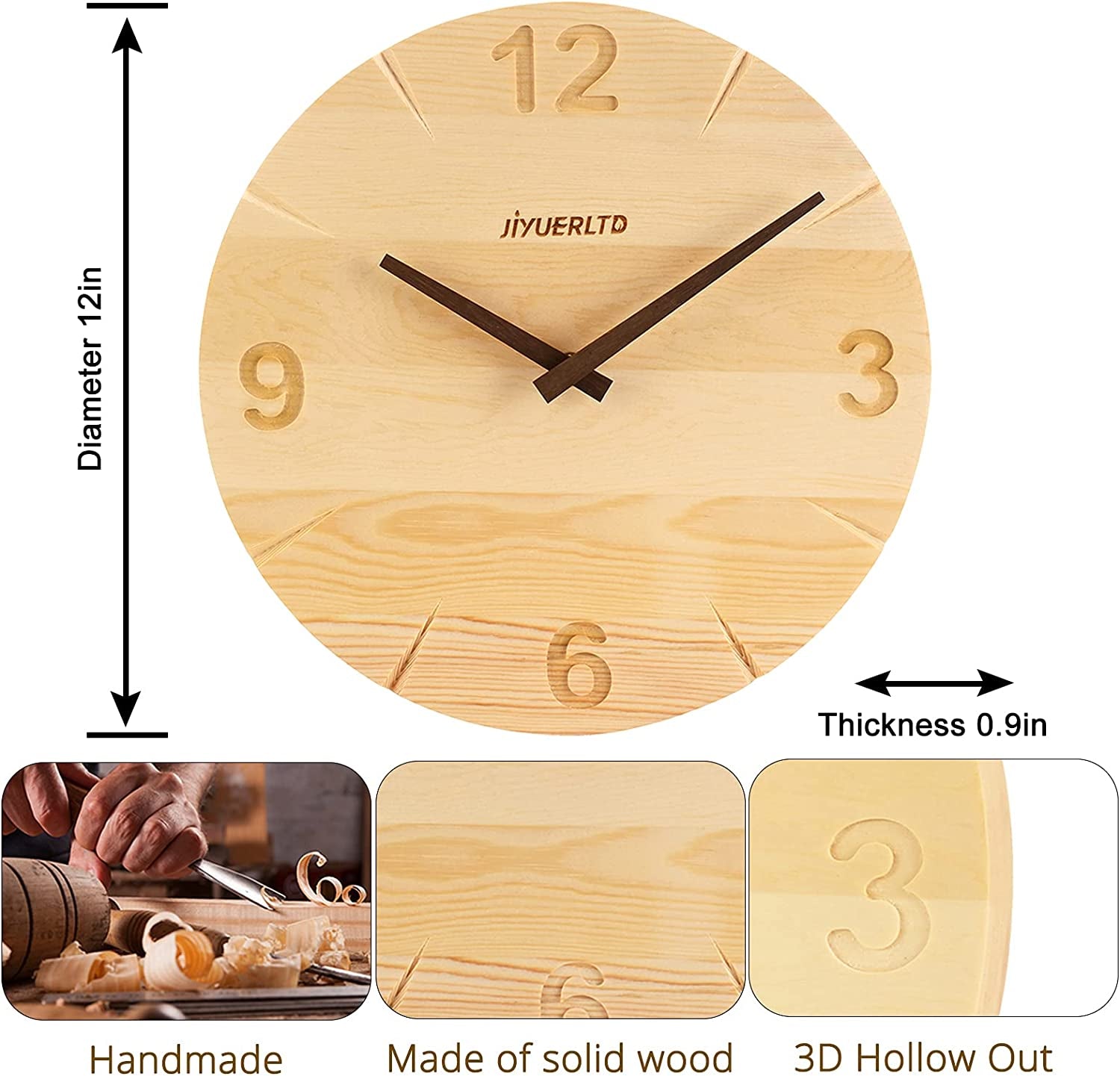 JIYUERLTD 12”Wall Clock Solid Wood Noiseless Clock Desk Clocks Modern Art Wall Decorative for Bedroom Living Room Kitchen Office and Hotel