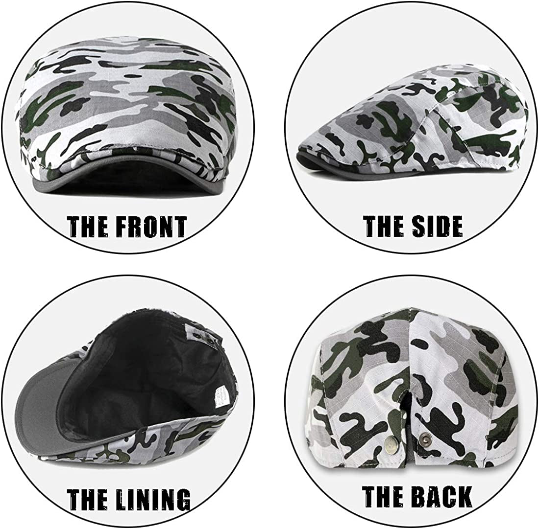 2 Pack Camo Newsboy Cap for Men Cozy Cotton Flat Ivy Gatsbay Hat Breathable Mesh Outdoor Cabbie Beret Hat
