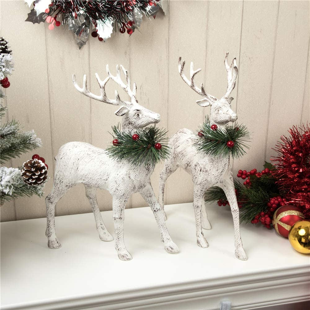 Reindeer Christmas Decoration Christmas Deers 12'' Standing Reindeer Decorations Christmas Deer Figurines Ornament Figurines with Red Berry Stem Pine Wreath, Indoor Tabletop Decorative