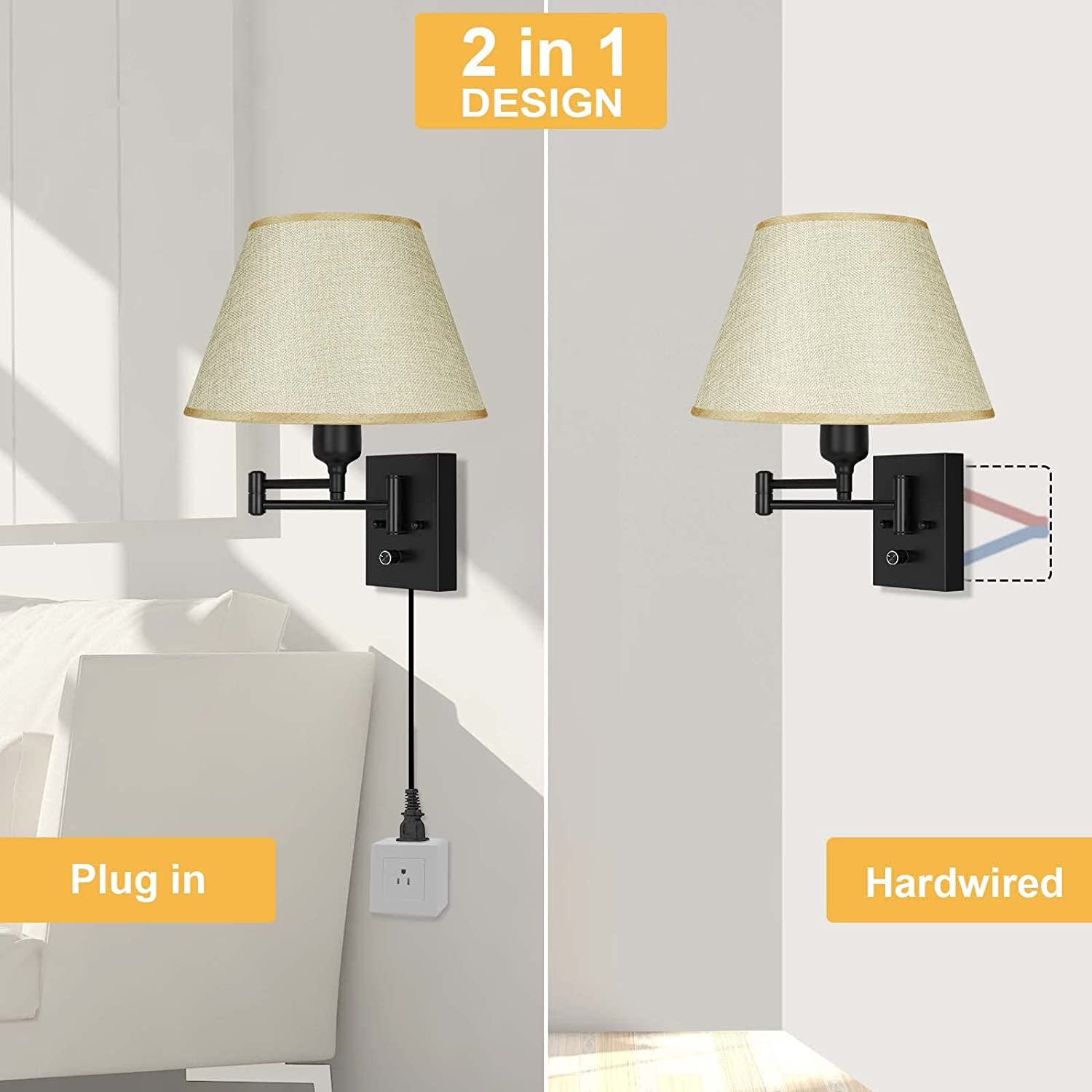 Plug in Wall Sconces Set of 2, Dimmable Swing Arm Wall Lamp with Fabric Shade Wall Light Fixtures Wall Mounted Lighting Reading Light Fixture for Bedside Bedroom Indoor Doorway