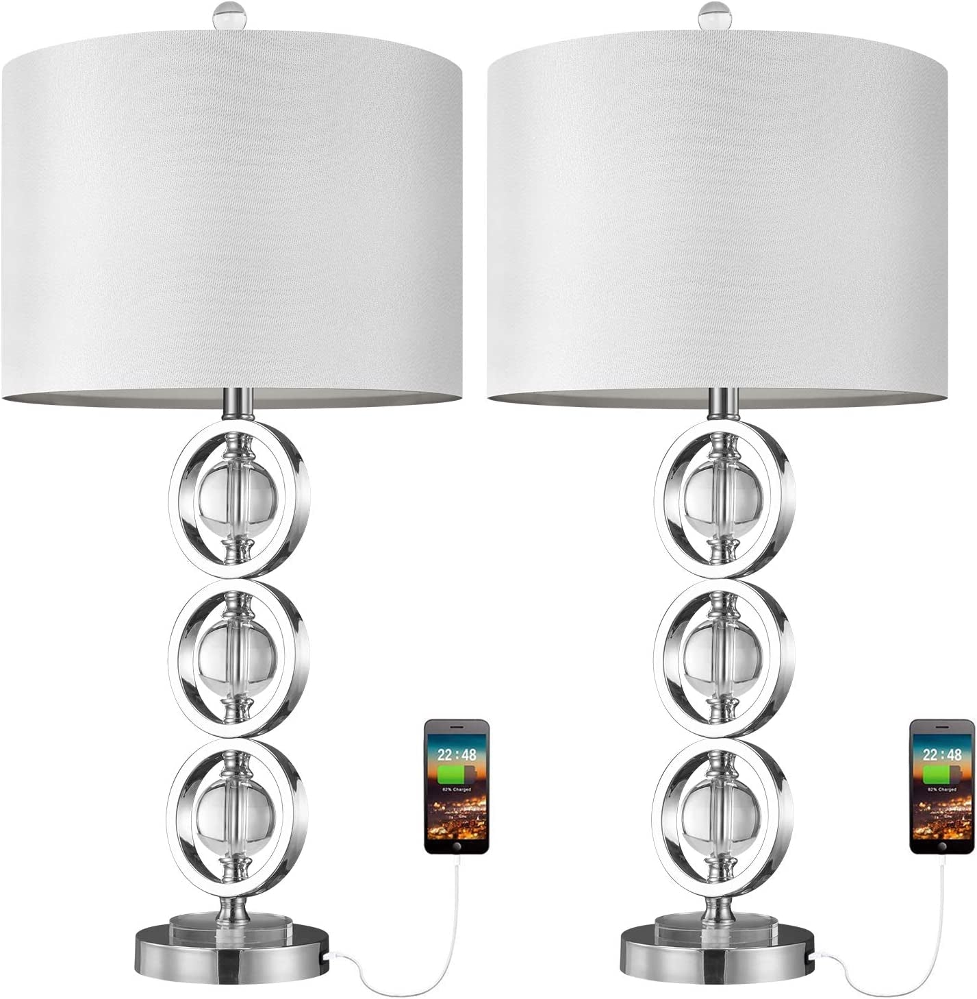 BOBOMOMO 26.5" Metal Crystal USB Table Lamps Set of 2 for Living Room Bedroom, Silver