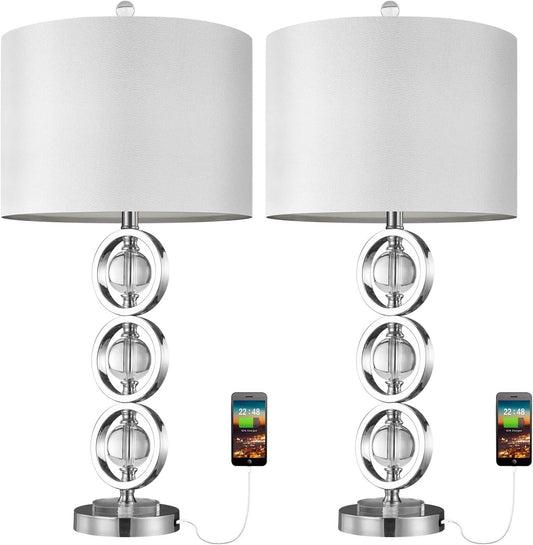 BOBOMOMO 26.5" Metal Crystal USB Table Lamps Set of 2 for Living Room Bedroom, Silver