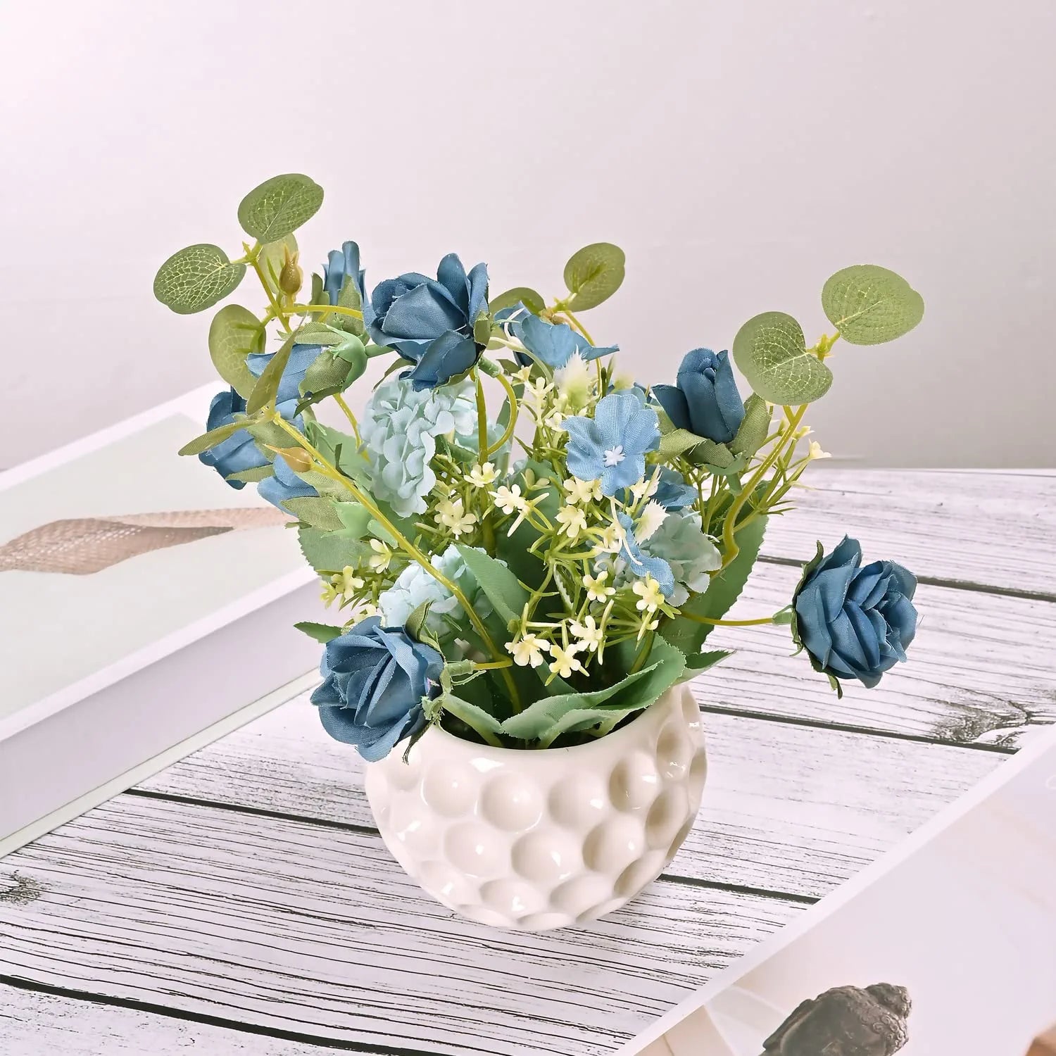 Artificial Rose Flowers in Ceramic Vase Blue, Faux Hydrangea Flower Arrangements for Home Decor Fake Flowers with Vase for Table Centerpieces Decoration