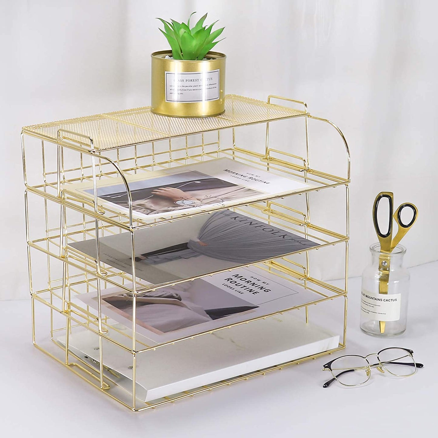 4-Tier Stackable Letter Tray, Gold Desk Organizer, Metal File Organizer Tray, Paper Holder Rack, Desk Accessories for School Home Office Supplies