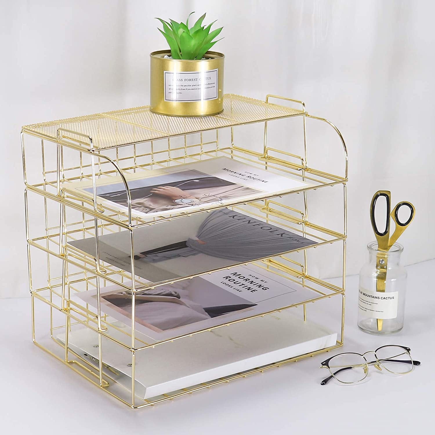4-Tier Stackable Letter Tray, Gold Desk Organizer, Metal File Organizer Tray, Paper Holder Rack, Desk Accessories for School Home Office Supplies