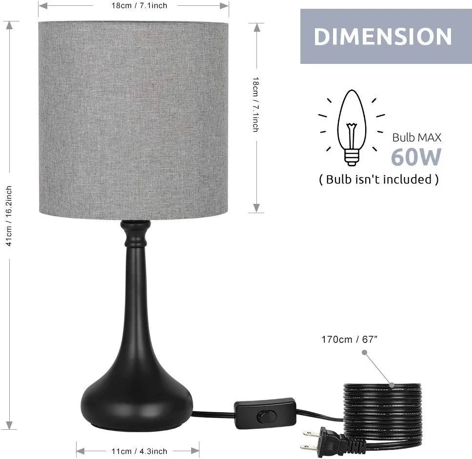Small Table Lamps - Vintage Bedside Nightstand Lamps Set of 2 for Bedroom, Office, College Dorm with Metal Base & Fabric Lamp, Gray
