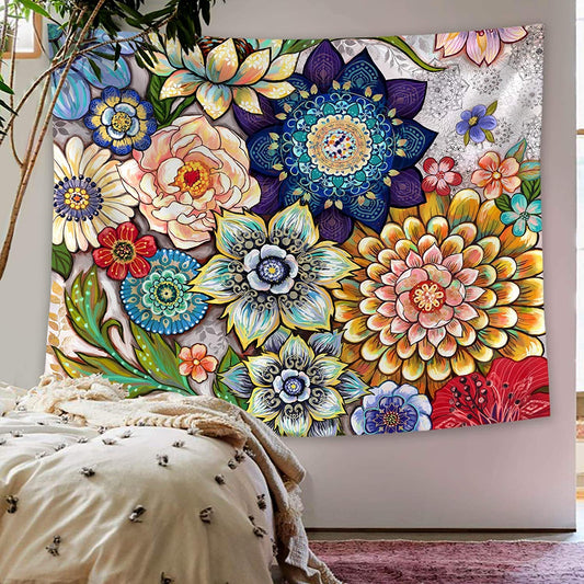 Colorful Floral Tapestry Wall Hanging, Bright Boho Fabric Blossom Tapestries, Multi Color Tapestry for Bedroom Home Hippie Wall Decor 50×60 Inch