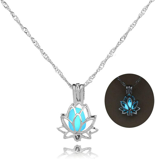 Luminous Lotus Pendant Necklace, Hollow Flower Lockets Necklace