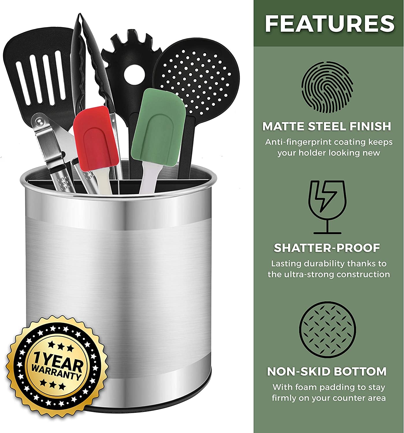Extra Large Stainless Steel Kitchen Utensil Holder - 360° Rotating Utensil Caddy - Weighted Base for Stability - Countertop Organizer Crock with Removable Divider (Brushed Stainless Steel)