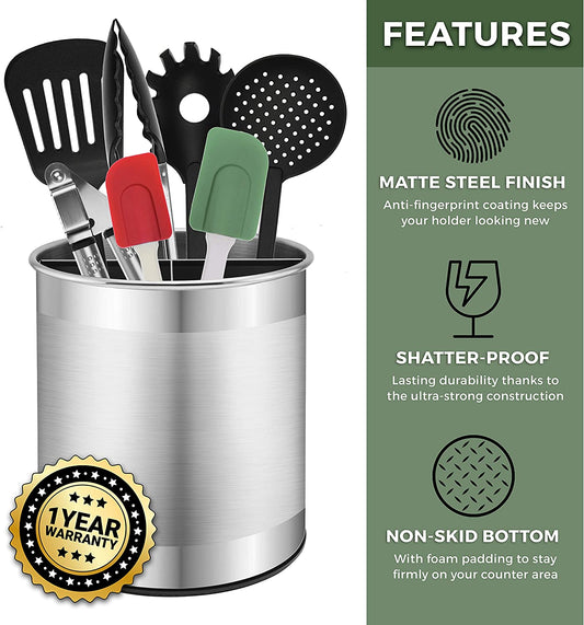 Extra Large Stainless Steel Kitchen Utensil Holder - 360° Rotating Utensil Caddy - Weighted Base for Stability - Countertop Organizer Crock with Removable Divider (Brushed Stainless Steel)