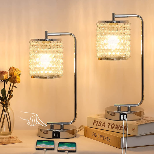 FAGUANGAO Crystal Touch Control Table Lamp,With Dual USB Charging Ports,3 Way Dimmable Set of 2 Silver Bedside Nightstand Lamp Industrial Desk Lamps E26 Base for Bedroom Living Room,Led Bulbs Included