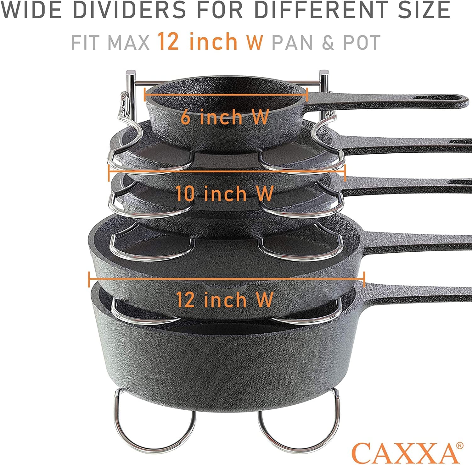 Heavy Duty Pan Rack, Pot Lid Rack, Kitchen Cabinet Pantry Cookware Organizer Rack Holder | 5 Adjustable Dividers, Chrome