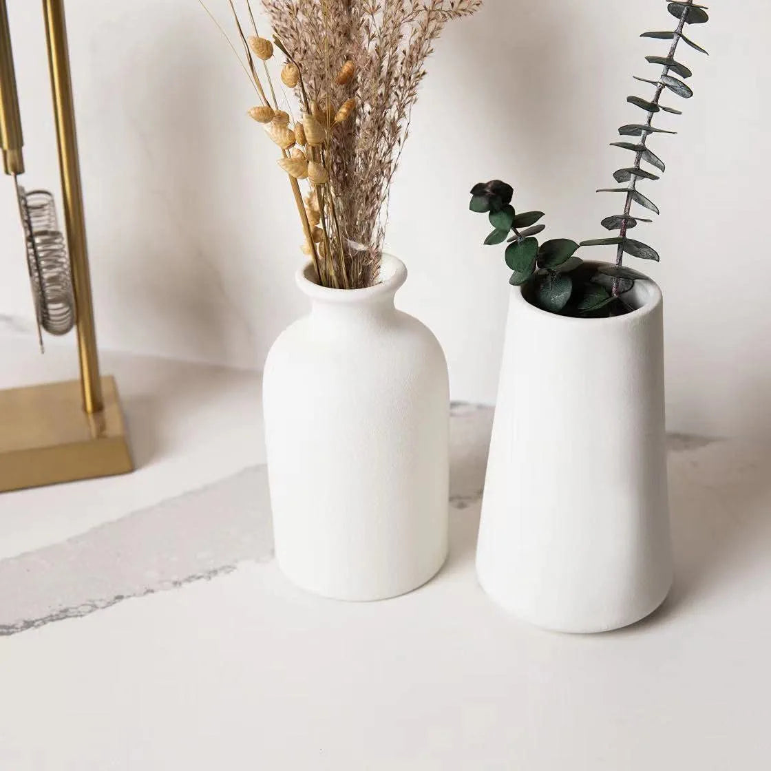 Set of 2- Classic White Ceramic Vases, Tall Vases for Flowers, for Living Room Decorations, Home Decor, Modern Farmhouses, Ideal Shelf, Table, Bookshelf, Mantle, Pampas Grass
