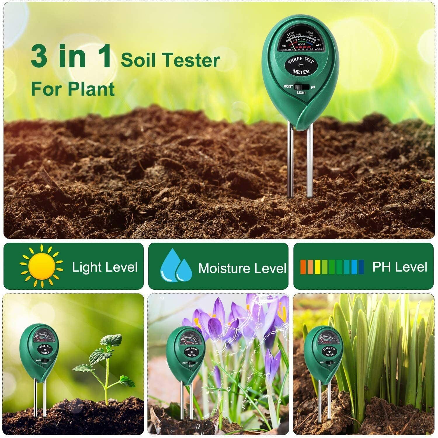 3 in 1 Soil Moister Tester Water Ph Light Test Meter Kit Gardening Grass Plants