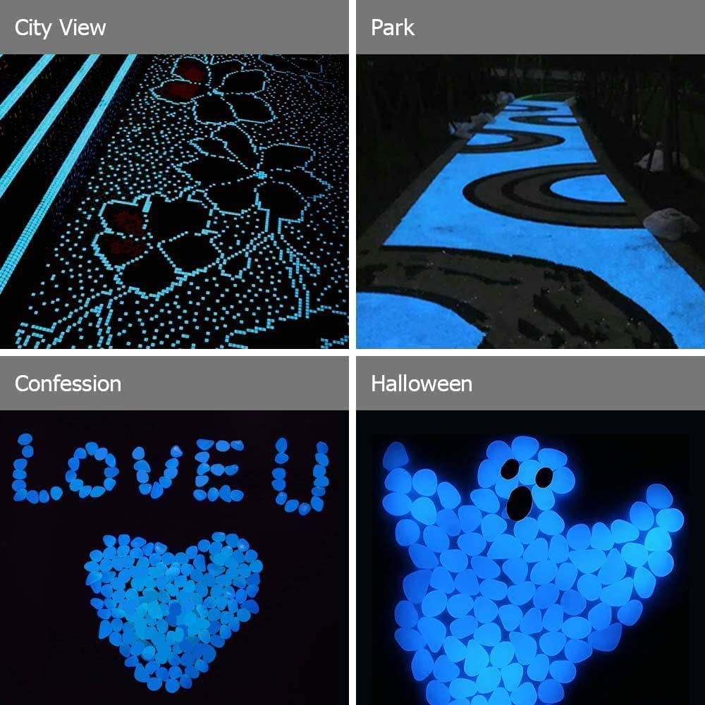 Glow in the Dark Pebbles (500Pcs White Glows Blue) - Indoor Outdoor Garden Stones Moonlight Yard Plant Decorations Fish Tank Aquarium Rocks Solar Backyard LED Decor