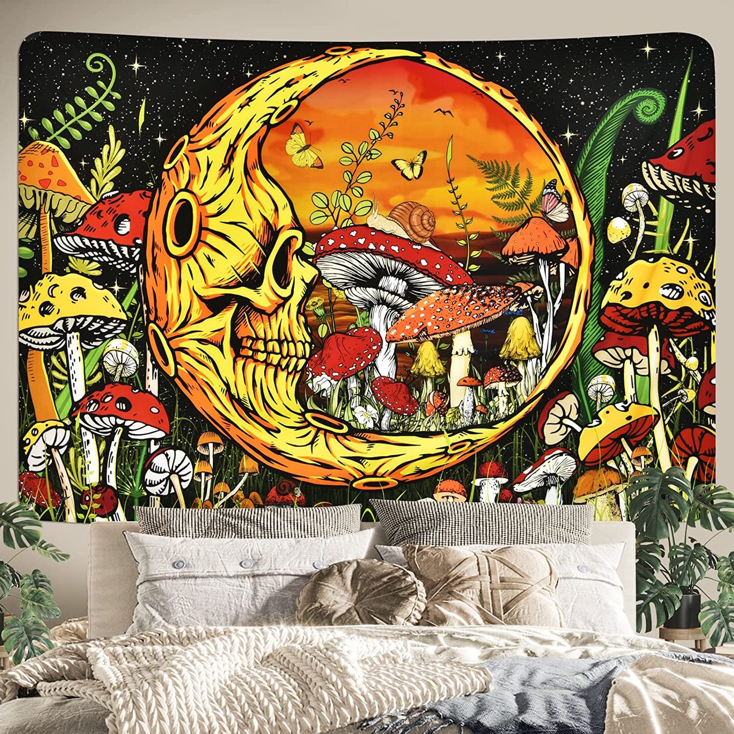 Trippy Mushroom Tapestry Moon Tapestry Skeleton Tapestry Skull Plants Tapestries Snail and Butterfly Tapestry Wall Hanging for Room(51.2 X 59.1 Inches)