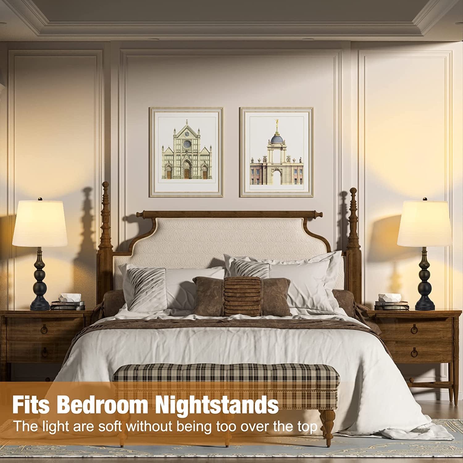 USB Table Lamp Set of 2 - Room Lamps with USB Charging Ports, Industrial Farmhouse Nightstand Lamp with Fabric Lampshade, Bedside Lamp Sets with Rotary Switch for Living Room Bedroom(Bulbs Included)