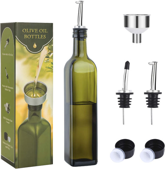 17Oz Glass Olive Oil Bottle Dispenser - 500Ml Green Oil and Vinegar Cruet with Pourers and Funnel - Olive Oil Carafe Decanter for Kitchen