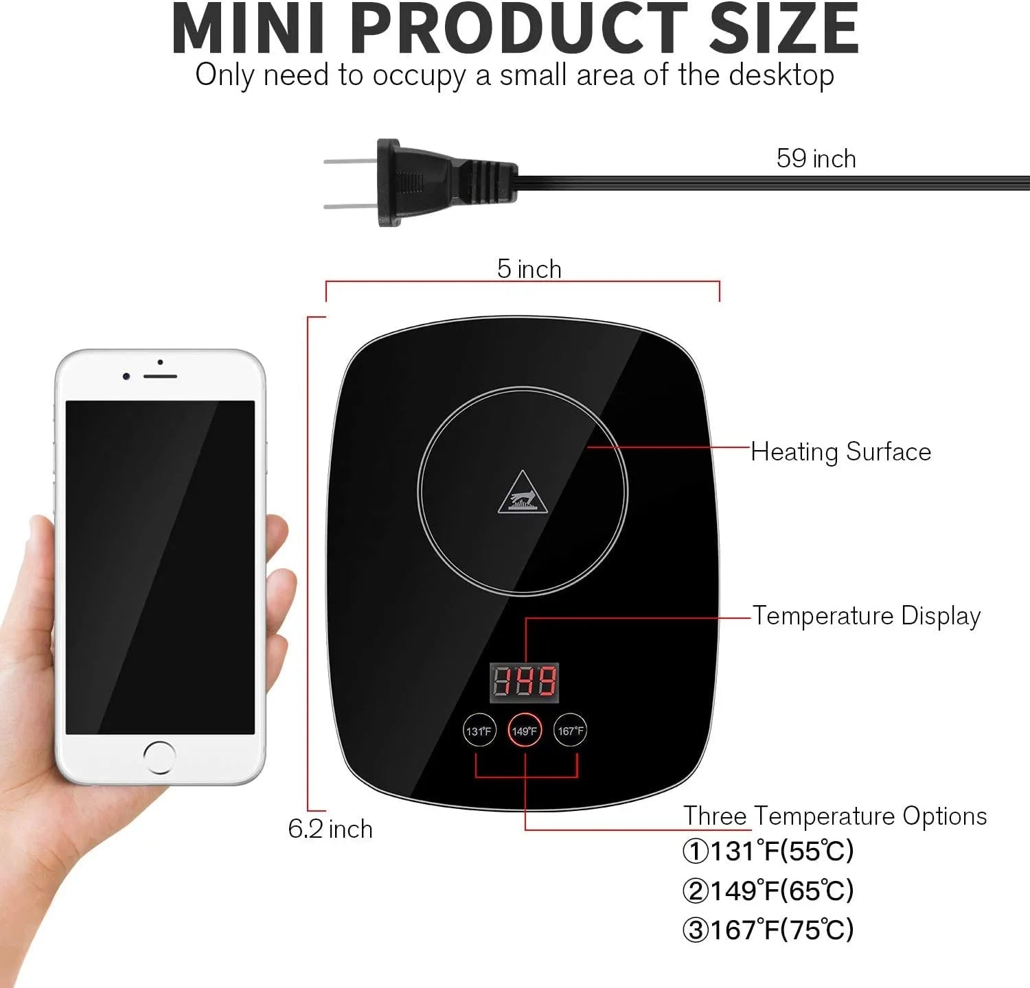 Coffee Mug Warmer for Desk with Heating Function 25 Watt Electric Beverage Warmer with Adjustable Temperature 131℉/ 55℃Or 167℉/ 75℃ (Without Mug)